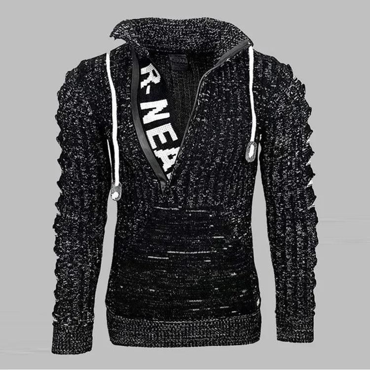 Men's Colorblock Wool Hip-Hop Patchwork Letter Print Drawstring High Neck Long Sleeve Knitted Pullover Pocketed Hoodie Sweater