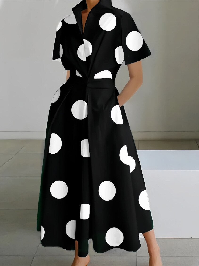 Polka Dot Turn Down Collar Pocketed Shirt Dress