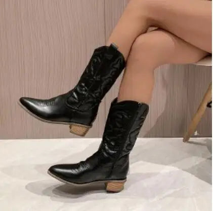 Western Embroidered Pointed Toe Side Zipper Stacked Heel Cowgirl Boots