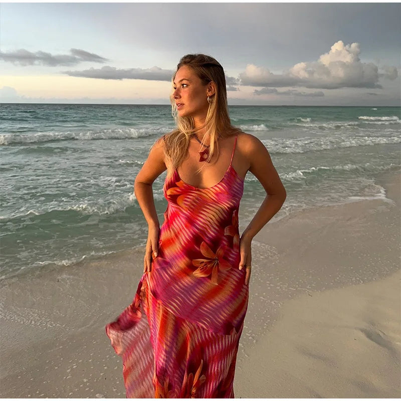 Floral Striped Print Backless Sleeveless Irregular Hem Ruffles Edge Spaghetti Strap Maxi Dress