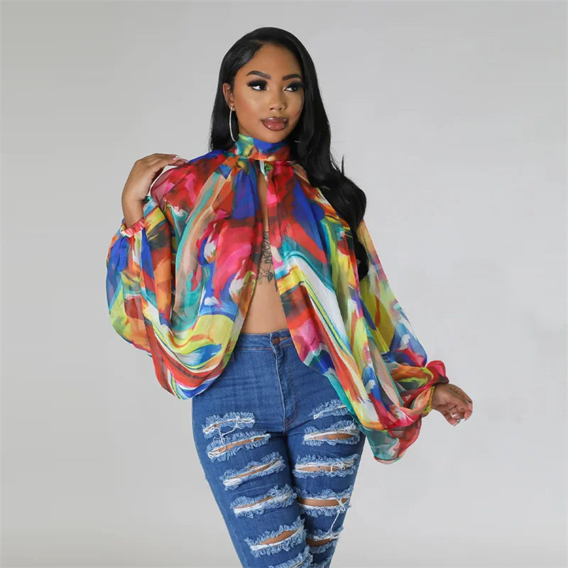 Chiffon Floral/Gradient Colorblock Sheer Front Slit Batwing Sleeve Women's Blouse