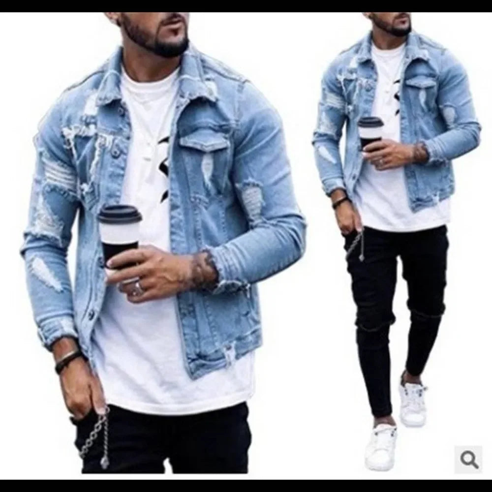 Men's Denim Jacket Ripped Irregular Wash Jean Jacket