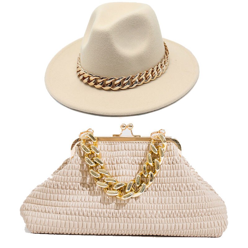 Fedora Chain Link Straw Hat + Chain Link Purse Set