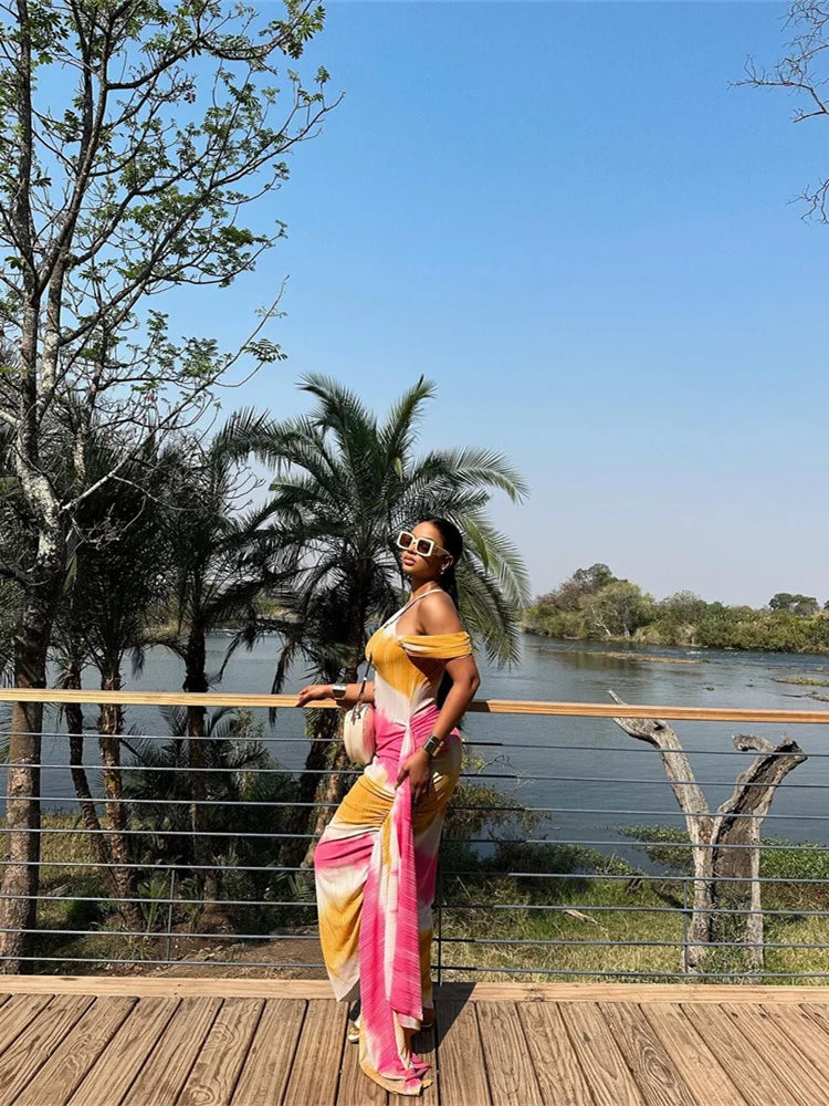 Tie-Dye Off-the-Shoulder Tassel Detail Colorblock Side Slit Skew Collar Bare Shoulder Maxi Dress