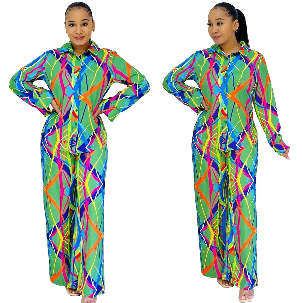 Abstract Print Long Sleeve V-Neck Turn Down Collar Blouse + Pants 2-Piece Set