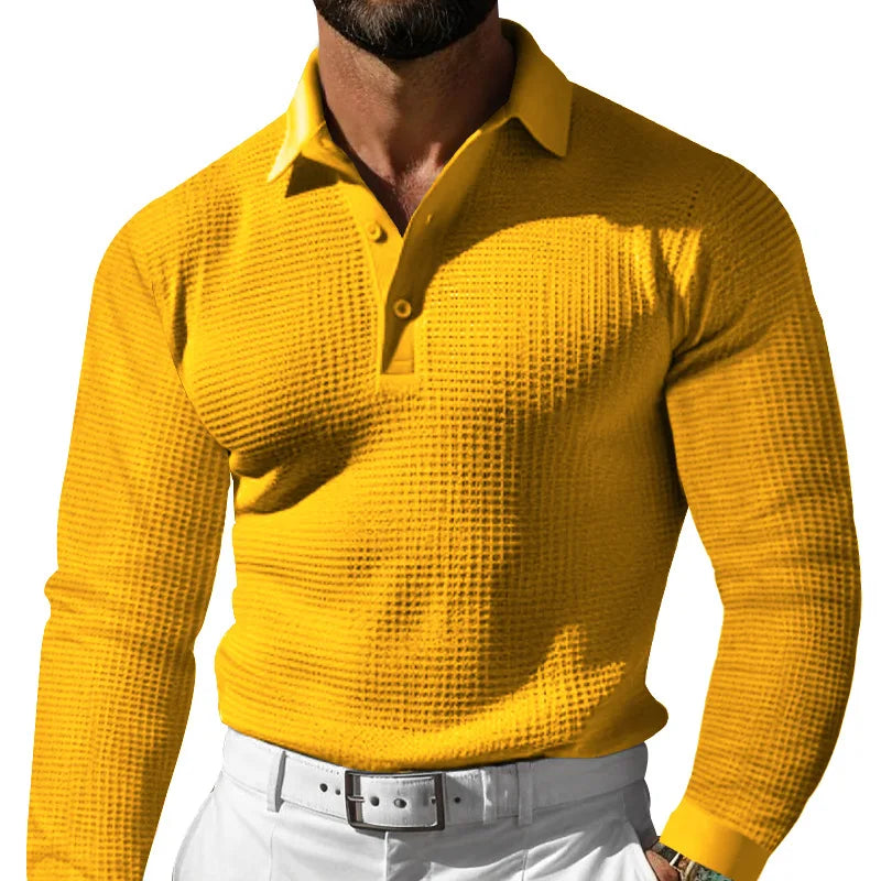 Men's Waffle Pattern Long Sleeve Turn-Down Collar Pullover Polo Shirt