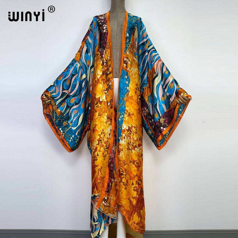 Bohemian African Batwing Sleeve Silk Maxi Cardigan Dress