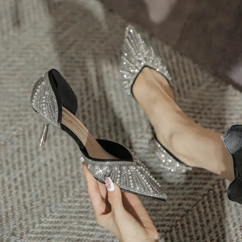 Crystal Pearl Rhinestone High Heel Thin Heels Mary Jane Low Heel Pumps