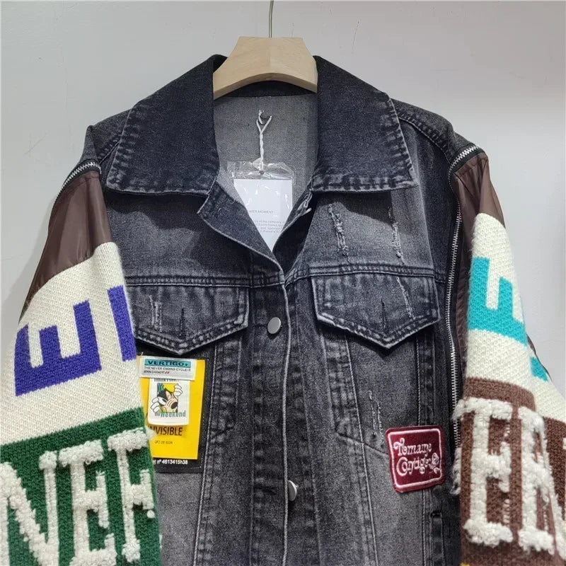 Alphabet Denim Patchwork Knitted Spliced Tassel Fringe Streetwear Women's Wool Sweater Jean Jacket