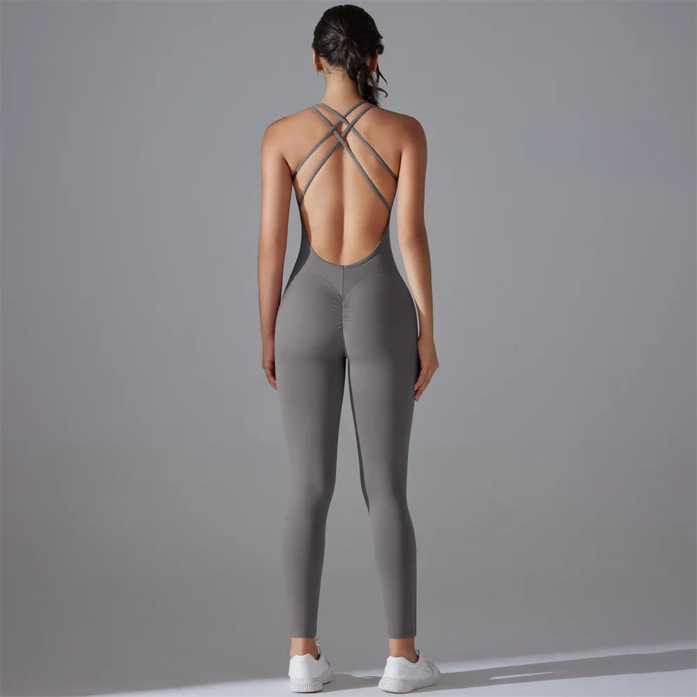 Fitness Solid Color Women's Criss-Cross Scrunch Workout Jumpsuit