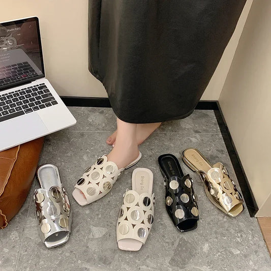 Designer Metallic Hole Pattern Women's Open Toe Flat Square Heel Slipper Sandals