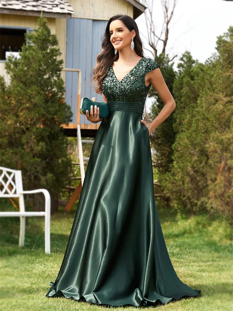 Green Sequin Sleeveless V-Neck Evening Party/Prom Formal Floor-Length Dress