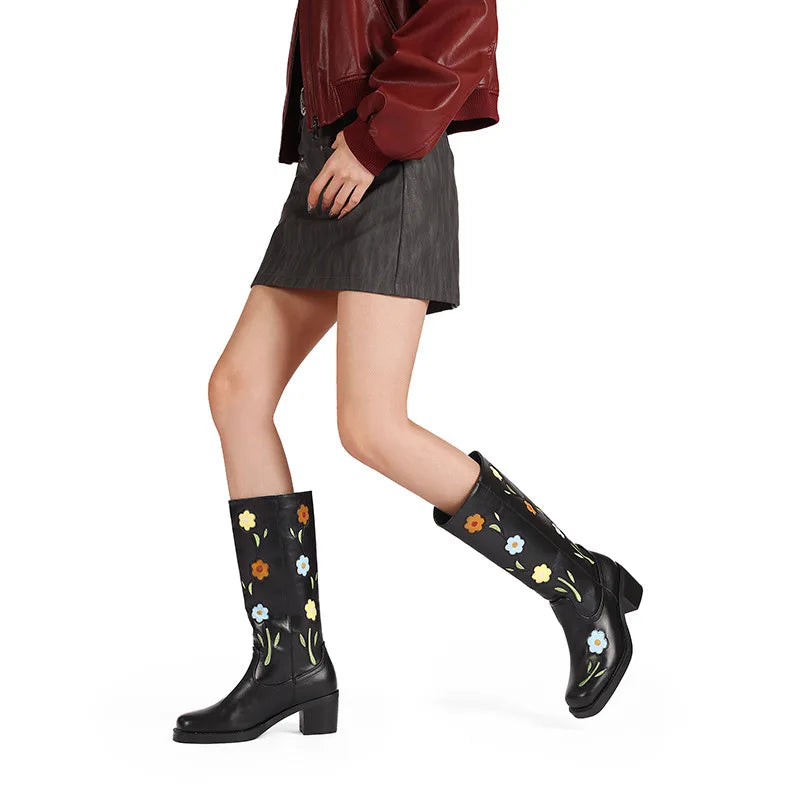 Western Flower Embroidered Women's Slip-On Rubber Midi Outsole Round Toe Boots