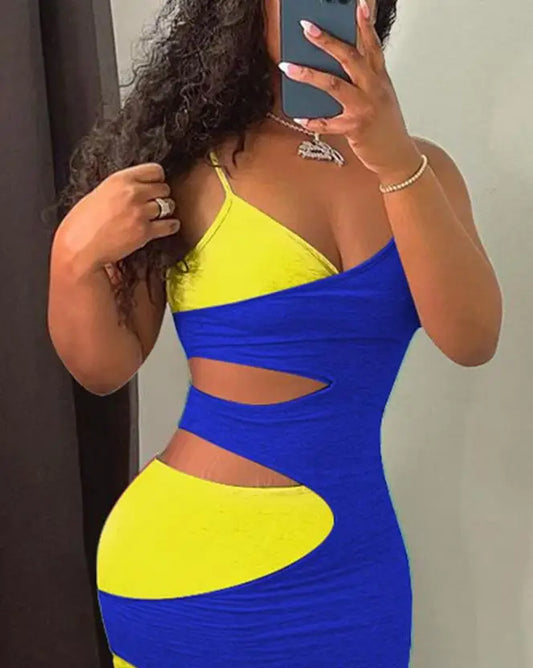 Asymmetrical Cut-Out Colorblock Patchwork V-Neck Bodycon Maxi Dress