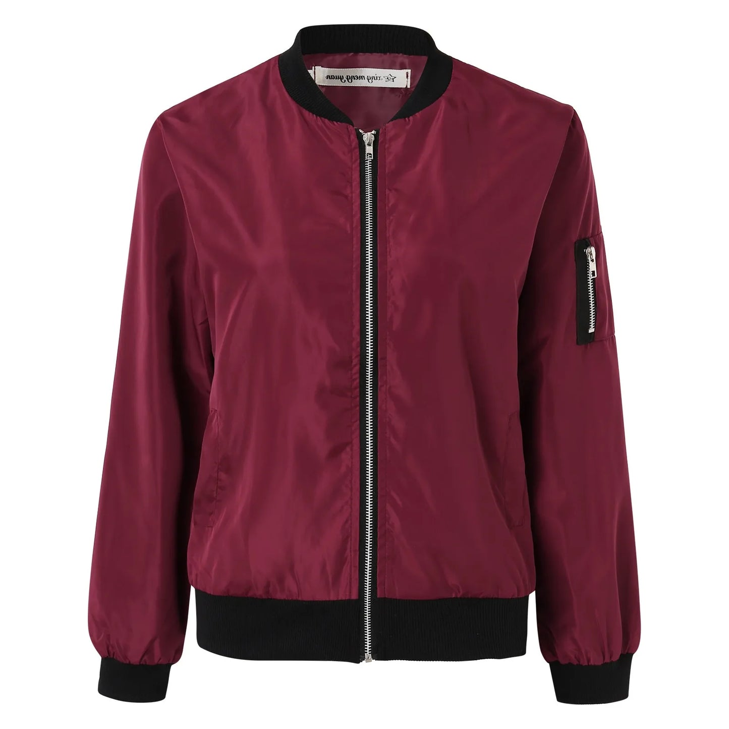 Mandarin Collar Women's Zipper Cargo Pocket Sleeve Design Bomber Jacket