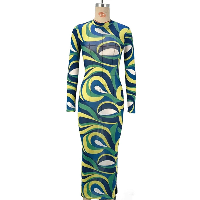 Mesh Transparent Geometric Print Long Sleeve O-Neck Streetwear Maxi Dress