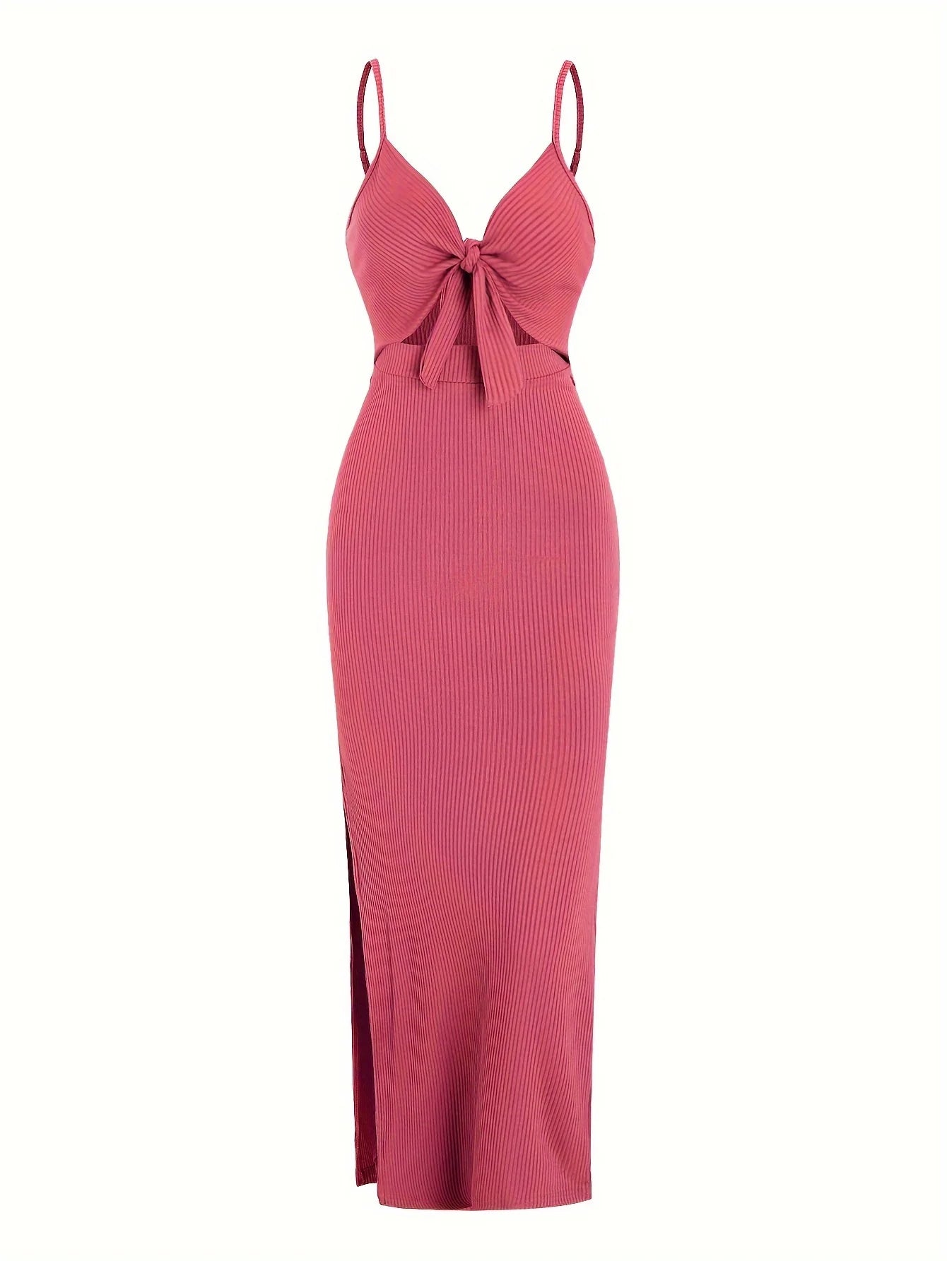 Ribbed Bowknot Design Spaghetti Strap V-Neck Knitted Sleeveless Solid Color High Slit Maxi Dress