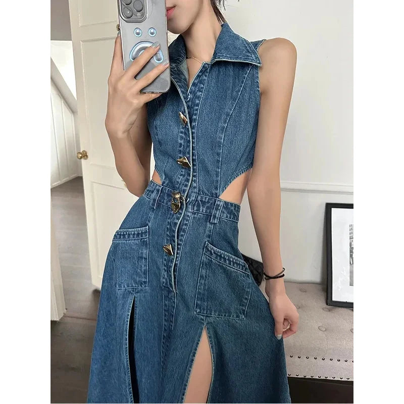 Denim Blue Button-Up High Slit Side Cut-Out Sleeveless Jean Dress