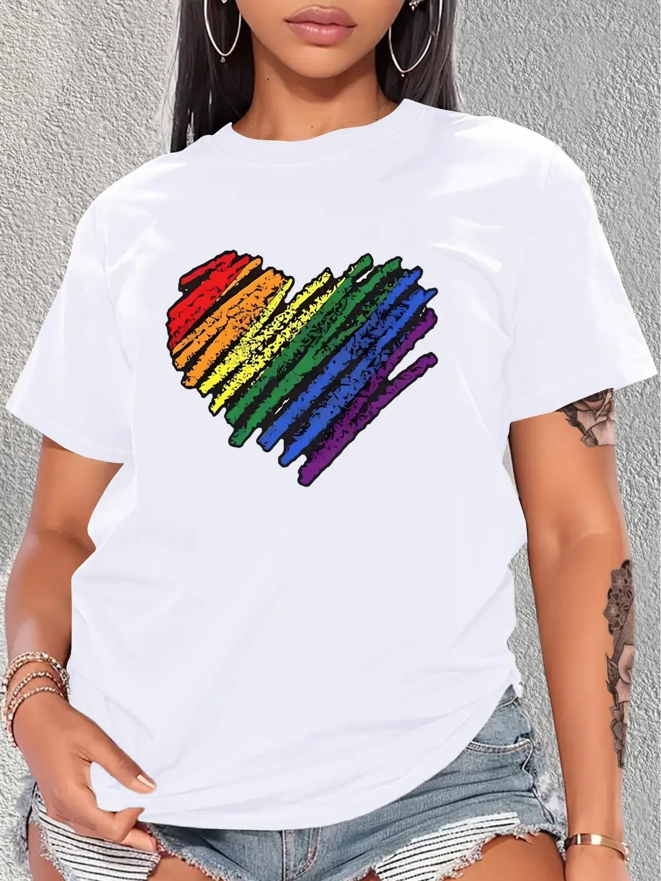 White Rainbow Heart Graphic Print Short Sleeve Women's Cotton T-Shirt