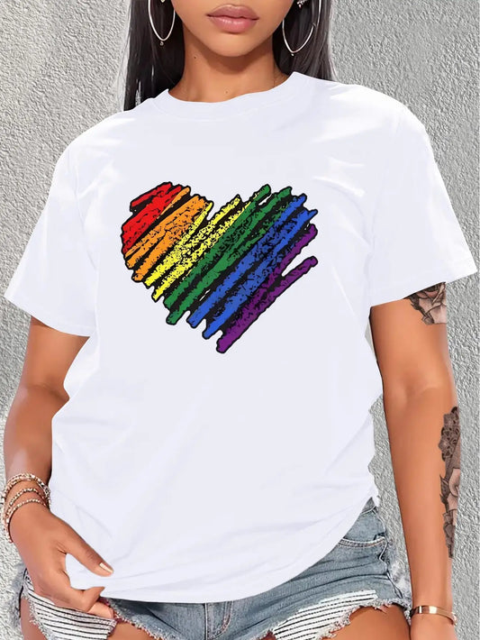 White Rainbow Heart Graphic Print Short Sleeve Women's Cotton T-Shirt