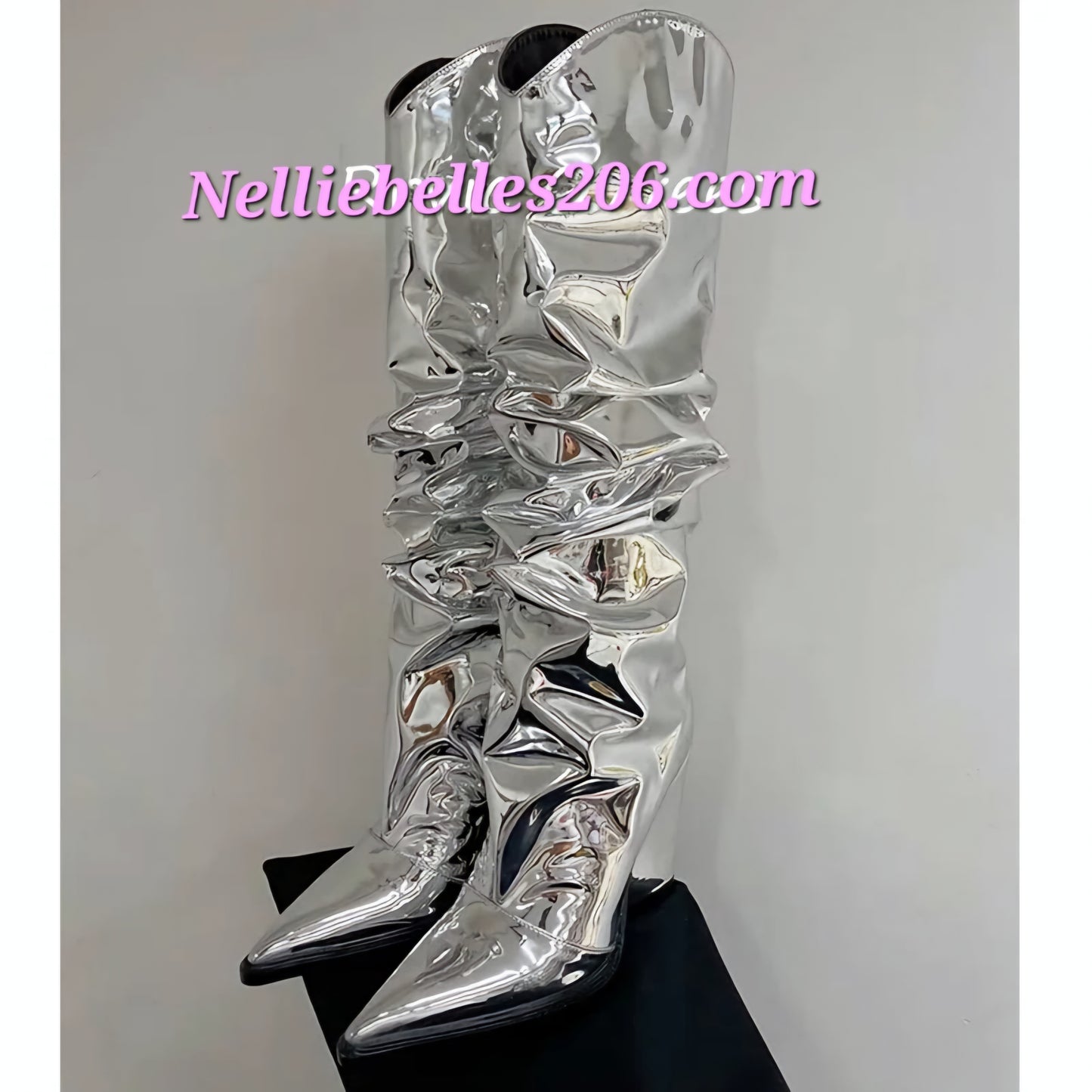 Mirror Ruched Pointed Toe Chunky Heel Shiny Patent Leather Pleated Over-the-Knee  Boots