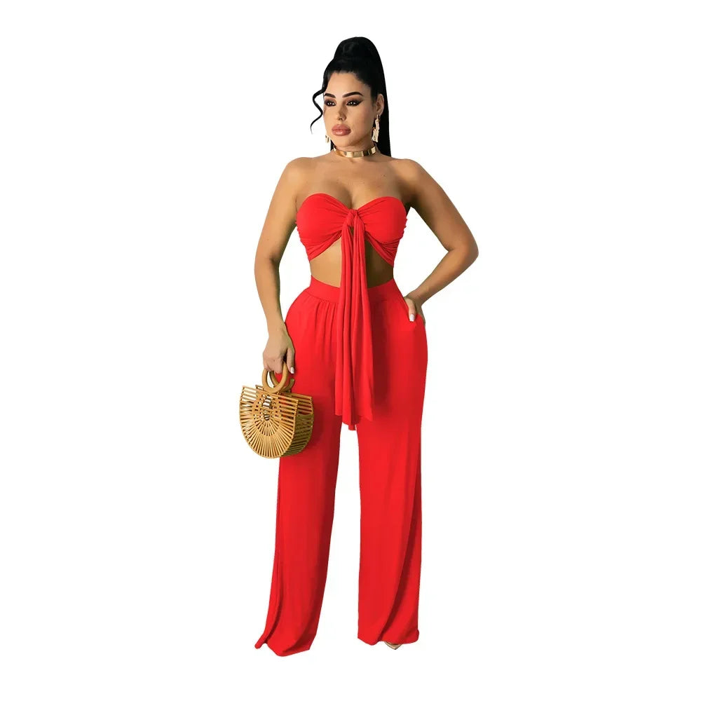 Strapless Hollow-Out  Hatler Neck Crop Top + Leggings Bodycon Solid Color Women's 2-Piece Set