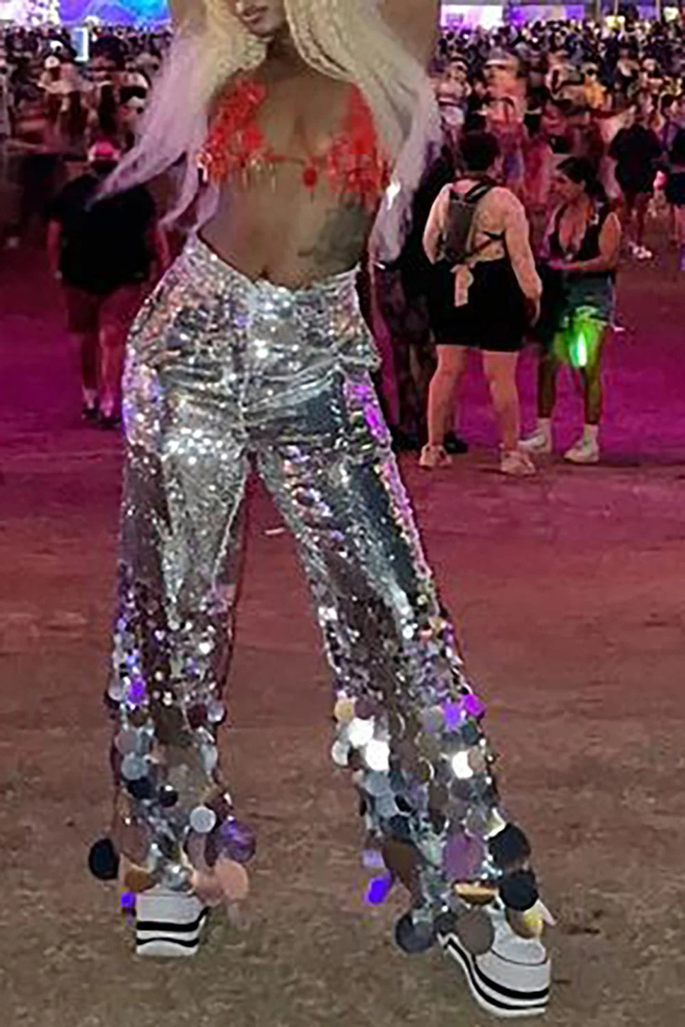 Metallic Designer Silver/Gold Sequined Round Tassel Fringe Design Women's Asymmetrical High Waist Flare Pants to 4X Plus Size