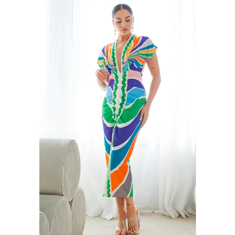 Geometric Swirl Digital Printed Sleeveless Deep V-Neck Evening Bodycon Dress