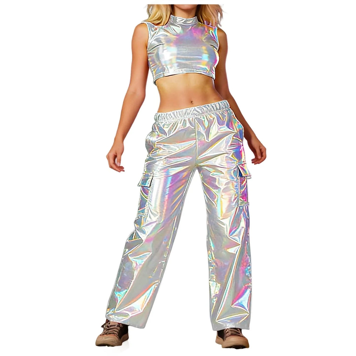 Faux Leather Metallic Solid Color Holographic Crop Vest Top + Elastic Waist Cargo Pants Women's 2-Piece Set