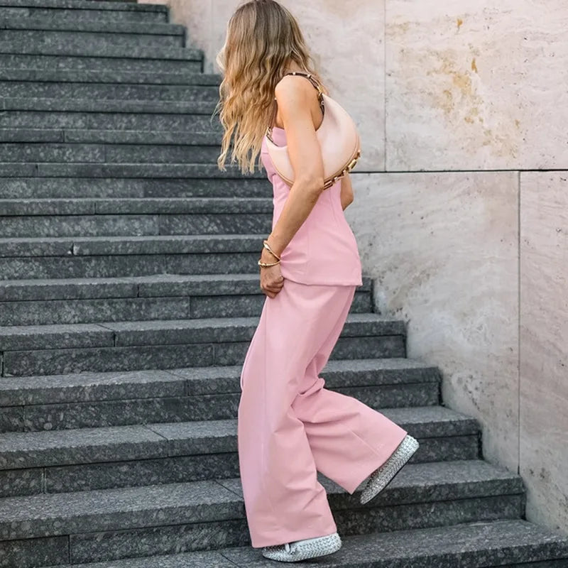 Pink Patchwork Streetwear Sleeveless Tube Top + Baggy Streetwear Pants Women's 2-Piece Set