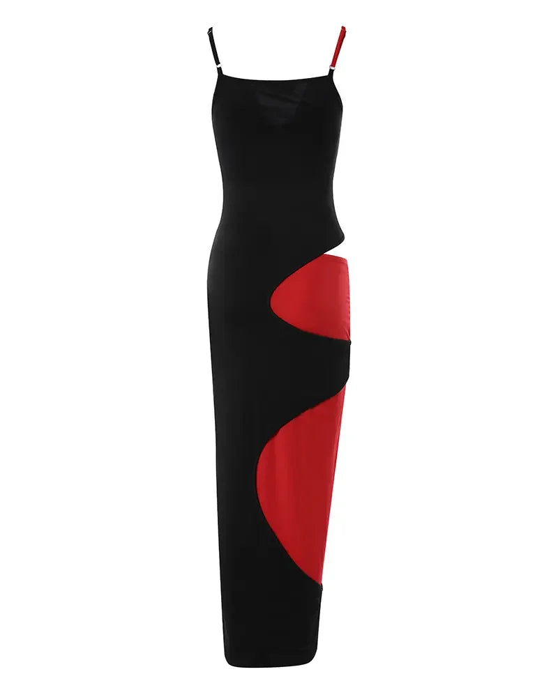 Asymmetrical Cut-Out Colorblock Patchwork V-Neck Bodycon Maxi Dress