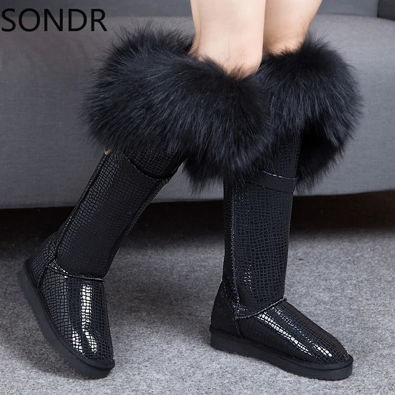 Faux Fur Trim Genuine Leather Solid Knee-High Flat Women's Snowboots