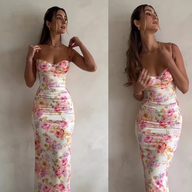 Satin White/Pink Flower Print Sleeveless Spaghetti Strap Skinny Maxi Formal Dress