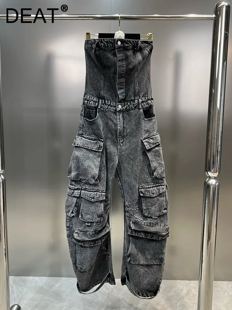 Distressed Vintage Streetwear Denim Cargo Pockets Patchwork Strapless Jean Jumpsuit