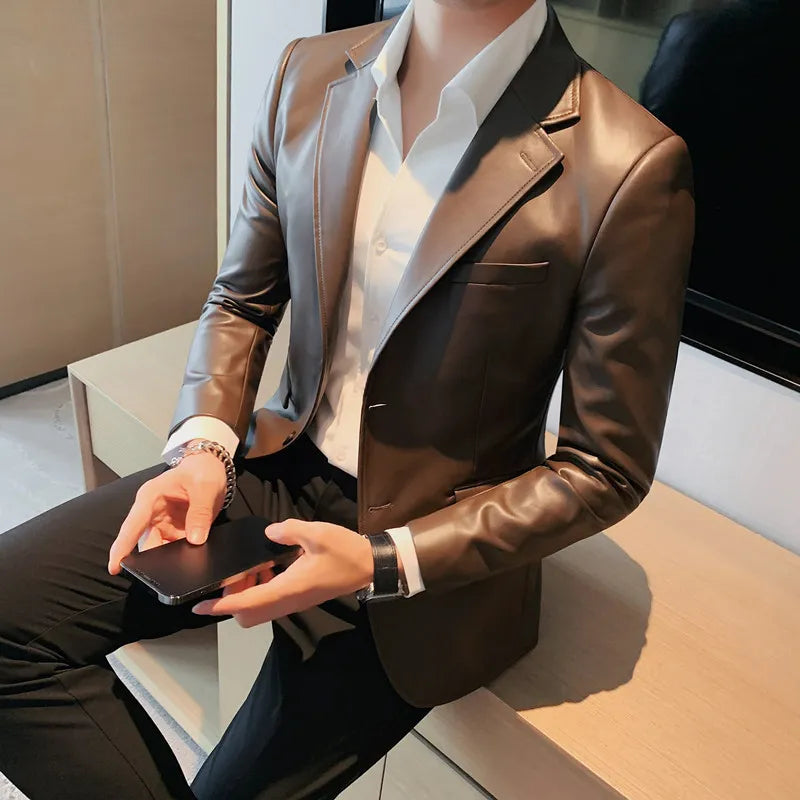 Men's Leather Single Breasted Slim Fit  Leather Blazer Jacket