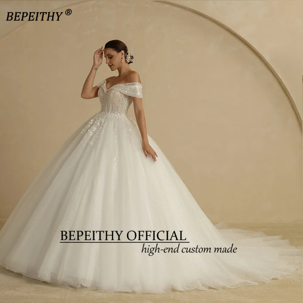 Ivory Beaded Off-the-Shoulder Sleeveless Floor-Length Bridal Wedding Gown Dress