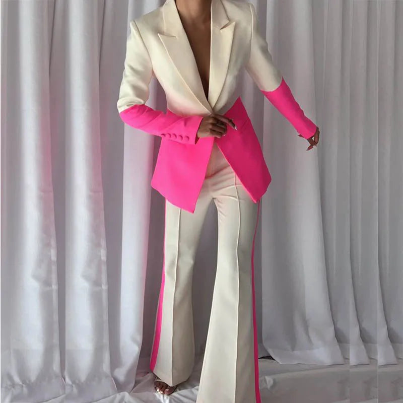 Colorblock Single Breasted Women's Blazer Jacket + Flared Leg Pants Suit