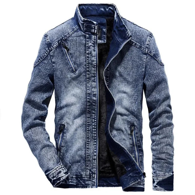 Men's Velvet Lined Mandarin Collar Washed Jean Jacket