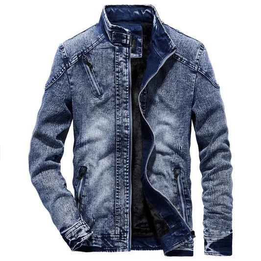 Men's Velvet Lined Mandarin Collar Washed Jean Jacket