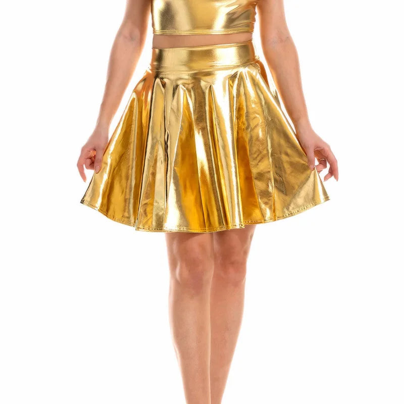 Shiny Solid Color Faux Leather High Waist Pleated High Street Club Mini Skirt