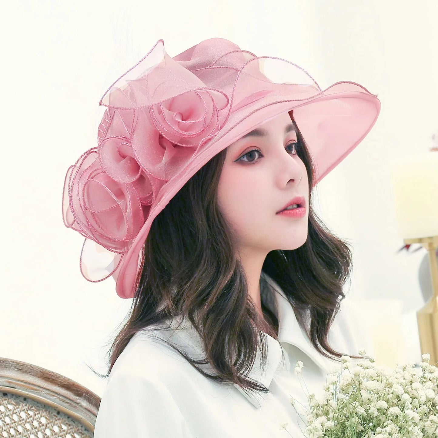 Oversized Organza Floral Bow Detail Wide Brim Kentucky Derby/Church/Wedding Fedora Hat