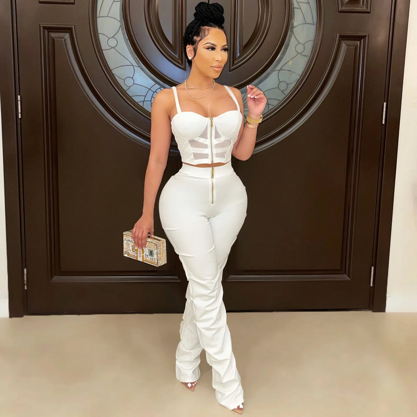 Corset Top Hollow-Out Zipper Front Cropped Tank Top + Stacked Zipper Front Pants Women's 2-Piece Set