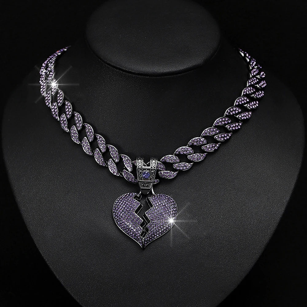 Purple Broken Heart Pendant Cuban Iced Out Hip-Hop Chain