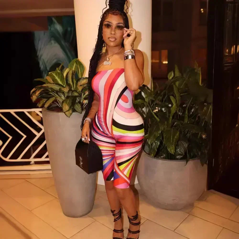 Rainbow Swirl Striped Colorblock Print Sleeveless Women's Tube Top Capri Pants Romper