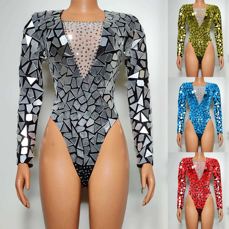 Crystal Sequin Mirror Geometric Metallic Long Sleeve Performance Stage Costume Bodysuit