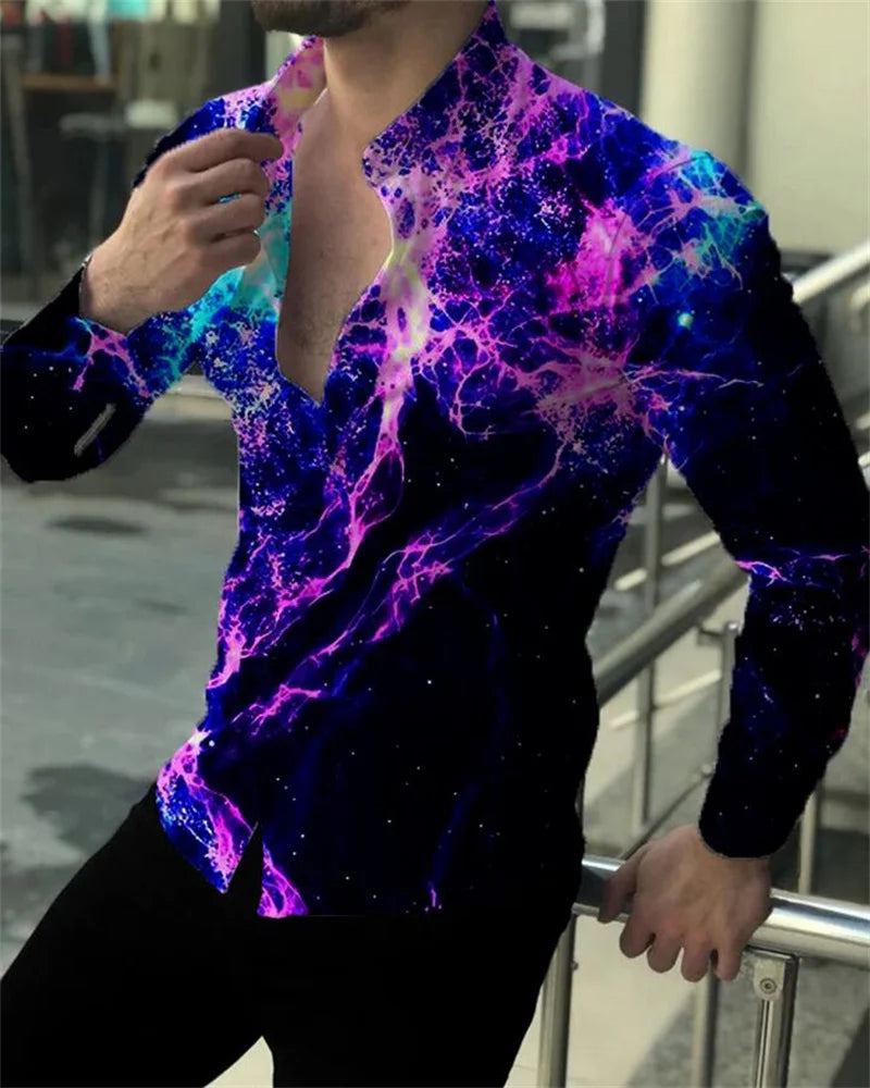 Men's Geometric Striped Print Turn-Down Collar Long Sleeve Button-Up Dress Shirts