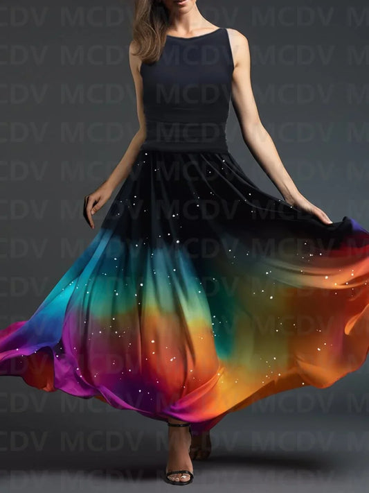 Rainbow Gradient/Plaid/Polka Dot/Striped Colorblock 3D Print Sleeveless O-Neck Swing Midi Dress to 3X Plus Size