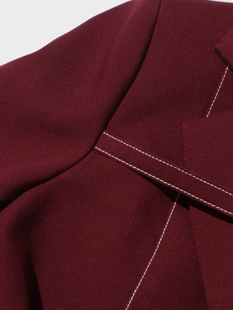 Burgundy Irregular Notched Collar Double Strap Design Blazer Jacket + High Waist Straight Pants Women's Formal Suit
