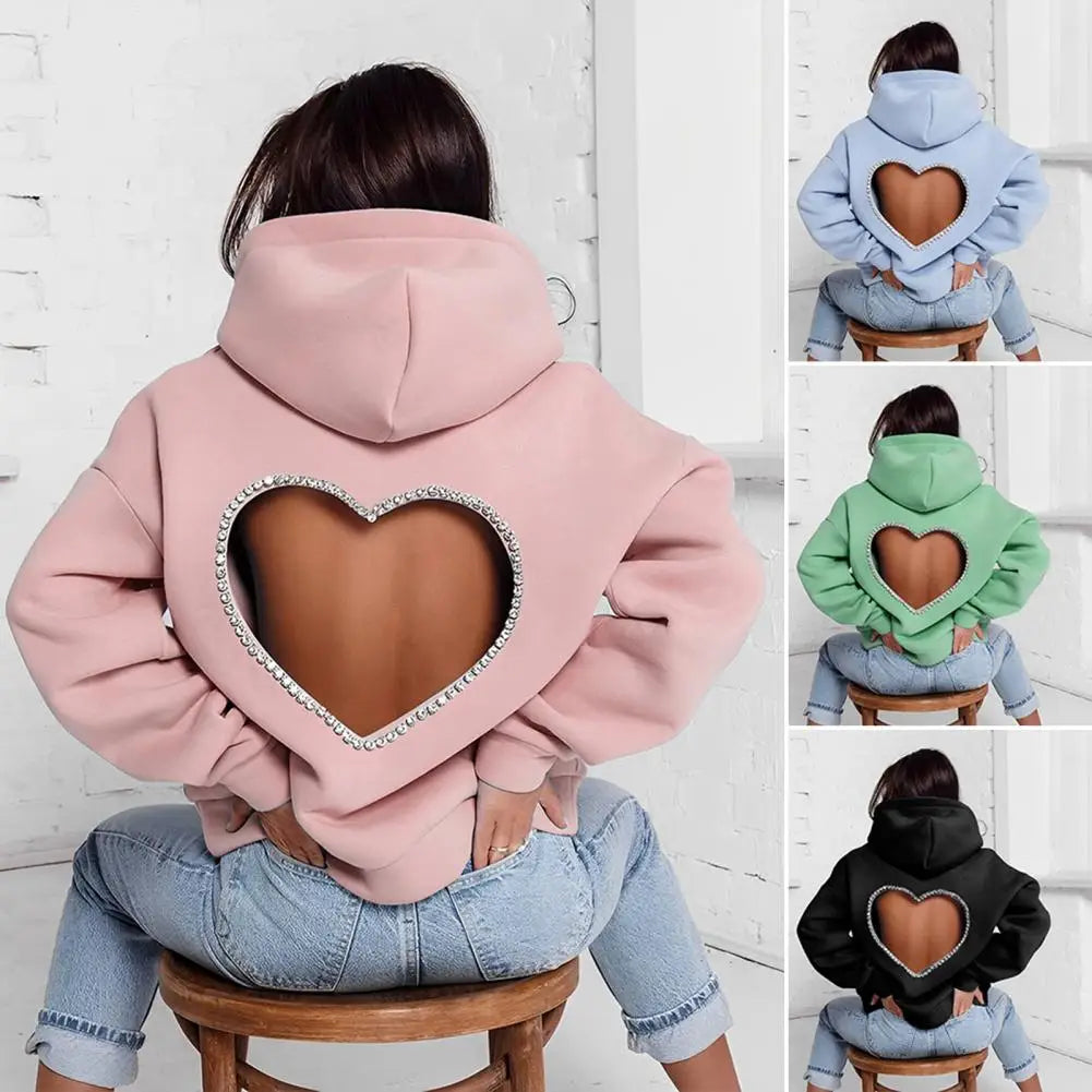 Heart Shape Ladies Backless Hollow-Out Rhinestone Pullover Solid Color Hoodie