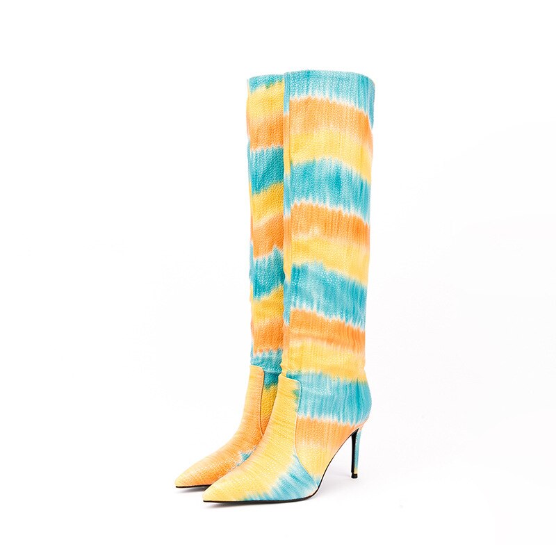 Colorful Striped Snake Print Stiletto Pointed Toe Knee High Boots